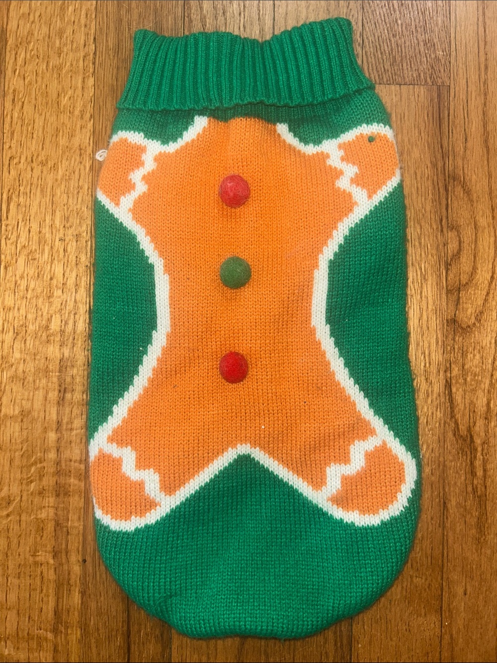 Festive Gingerbread Dog Sweater in Green and Orange MD